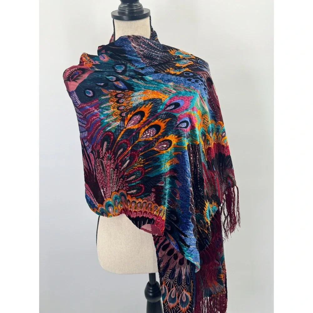 Women Peacock Colorful Vibrant Silk Blend Velvet Burnout Scarf Wrap Shawl Fringe